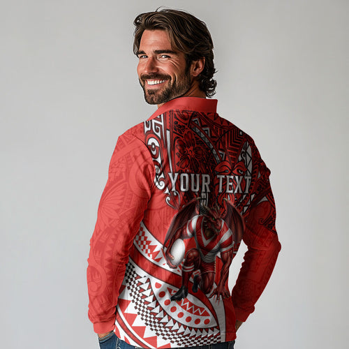Personalised St George Illawarra Dragons Long Sleeve Polo Shirt Polynesian Tribal Art Style With Fierce Red Dragon Mascot