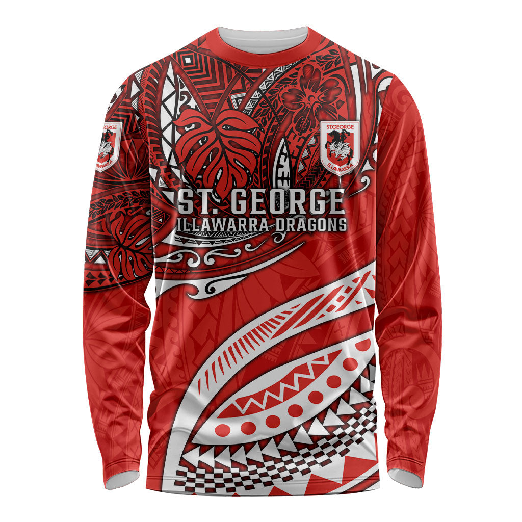 Personalised St George Illawarra Dragons Long Sleeve Shirt Polynesian Tribal Art Style With Fierce Red Dragon Mascot