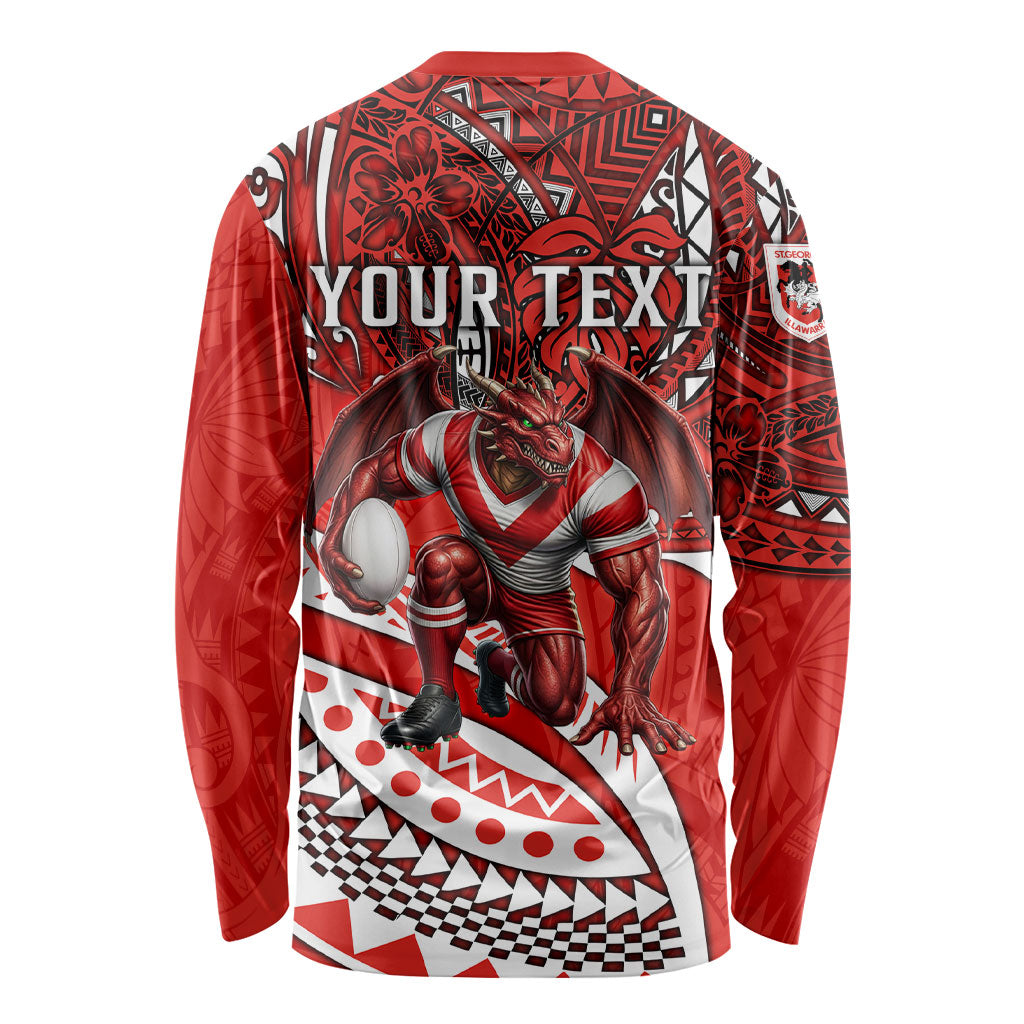 Personalised St George Illawarra Dragons Long Sleeve Shirt Polynesian Tribal Art Style With Fierce Red Dragon Mascot
