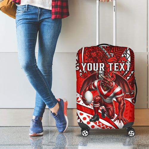 Personalised St George Illawarra Dragons Luggage Cover Polynesian Tribal Art Style With Fierce Red Dragon Mascot
