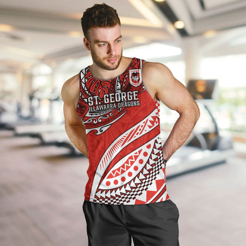 Personalised St George Illawarra Dragons Men Tank Top Polynesian Tribal Art Style With Fierce Red Dragon Mascot