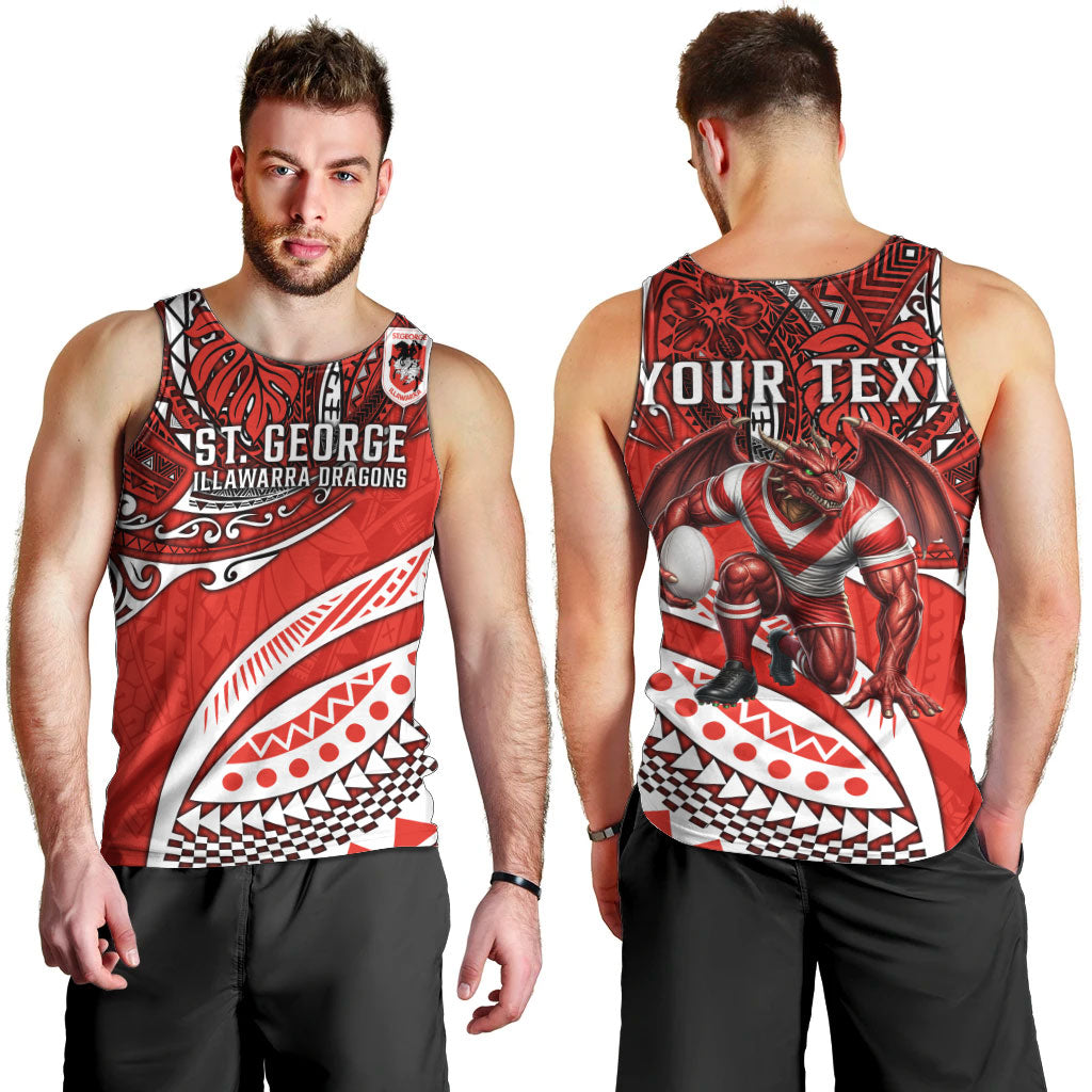 Personalised St George Illawarra Dragons Men Tank Top Polynesian Tribal Art Style With Fierce Red Dragon Mascot