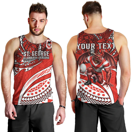 Personalised St George Illawarra Dragons Men Tank Top Polynesian Tribal Art Style With Fierce Red Dragon Mascot