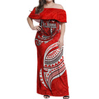 Personalised St George Illawarra Dragons Off Shoulder Maxi Dress Polynesian Tribal Art Style With Fierce Red Dragon Mascot