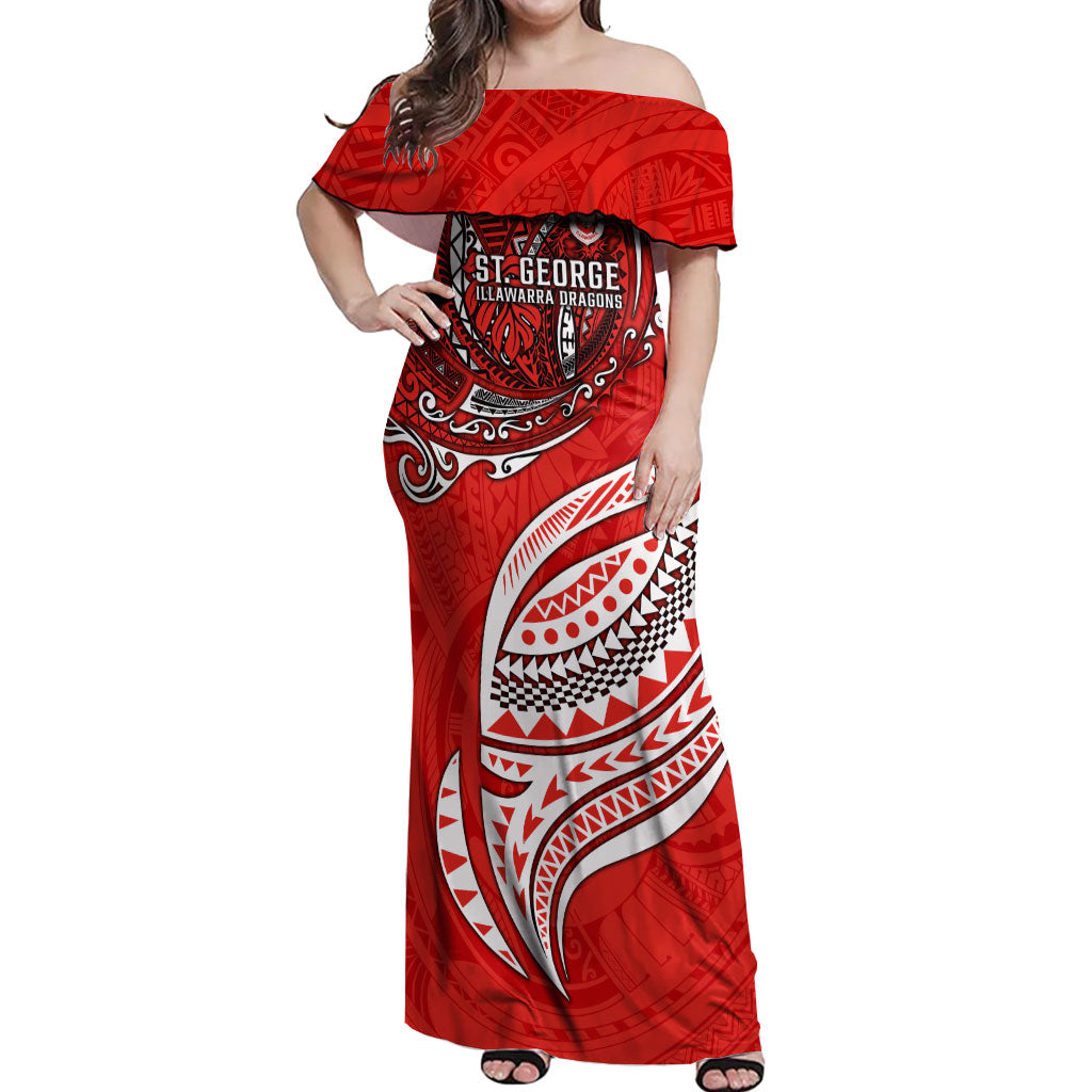 Personalised St George Illawarra Dragons Off Shoulder Maxi Dress Polynesian Tribal Art Style With Fierce Red Dragon Mascot