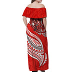 Personalised St George Illawarra Dragons Off Shoulder Maxi Dress Polynesian Tribal Art Style With Fierce Red Dragon Mascot