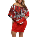 Personalised St George Illawarra Dragons Off Shoulder Short Dress Polynesian Tribal Art Style With Fierce Red Dragon Mascot