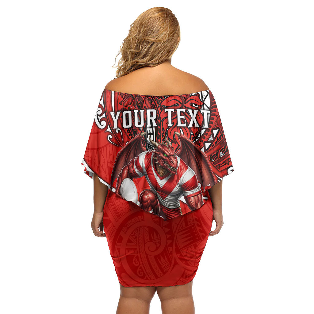 Personalised St George Illawarra Dragons Off Shoulder Short Dress Polynesian Tribal Art Style With Fierce Red Dragon Mascot