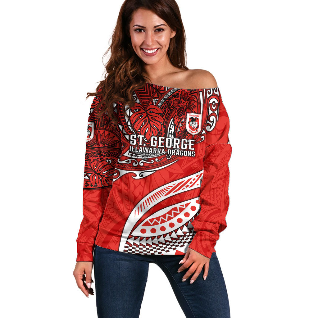 Personalised St George Illawarra Dragons Off Shoulder Sweater Polynesian Tribal Art Style With Fierce Red Dragon Mascot