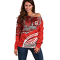Personalised St George Illawarra Dragons Off Shoulder Sweater Polynesian Tribal Art Style With Fierce Red Dragon Mascot