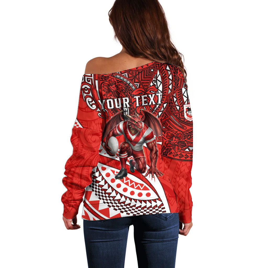 Personalised St George Illawarra Dragons Off Shoulder Sweater Polynesian Tribal Art Style With Fierce Red Dragon Mascot