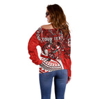 Personalised St George Illawarra Dragons Off Shoulder Sweater Polynesian Tribal Art Style With Fierce Red Dragon Mascot