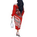 Personalised St George Illawarra Dragons Off The Shoulder Long Sleeve Dress Polynesian Tribal Art Style With Fierce Red Dragon Mascot