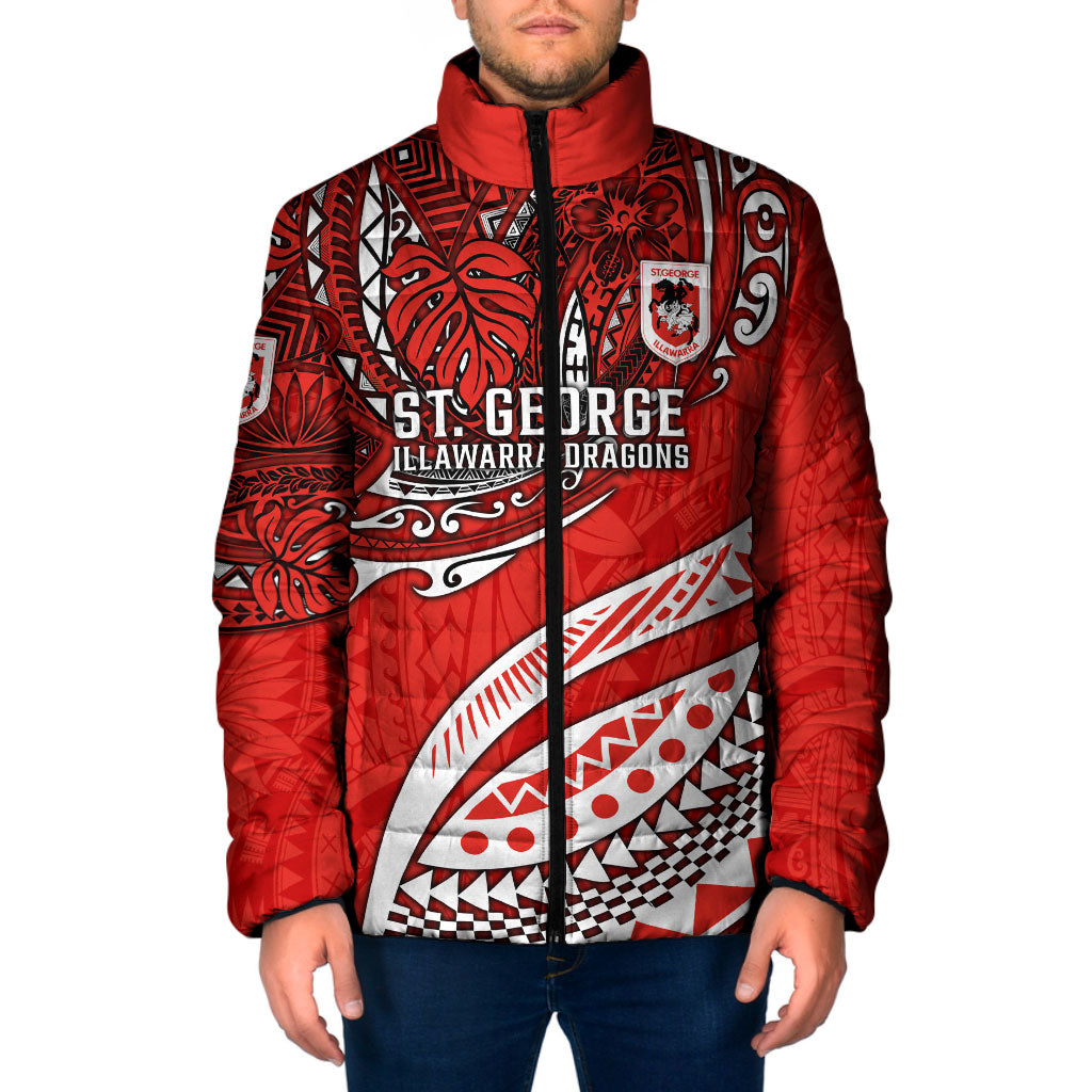 Personalised St George Illawarra Dragons Padded Jacket Polynesian Tribal Art Style With Fierce Red Dragon Mascot