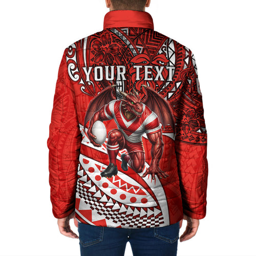 Personalised St George Illawarra Dragons Padded Jacket Polynesian Tribal Art Style With Fierce Red Dragon Mascot