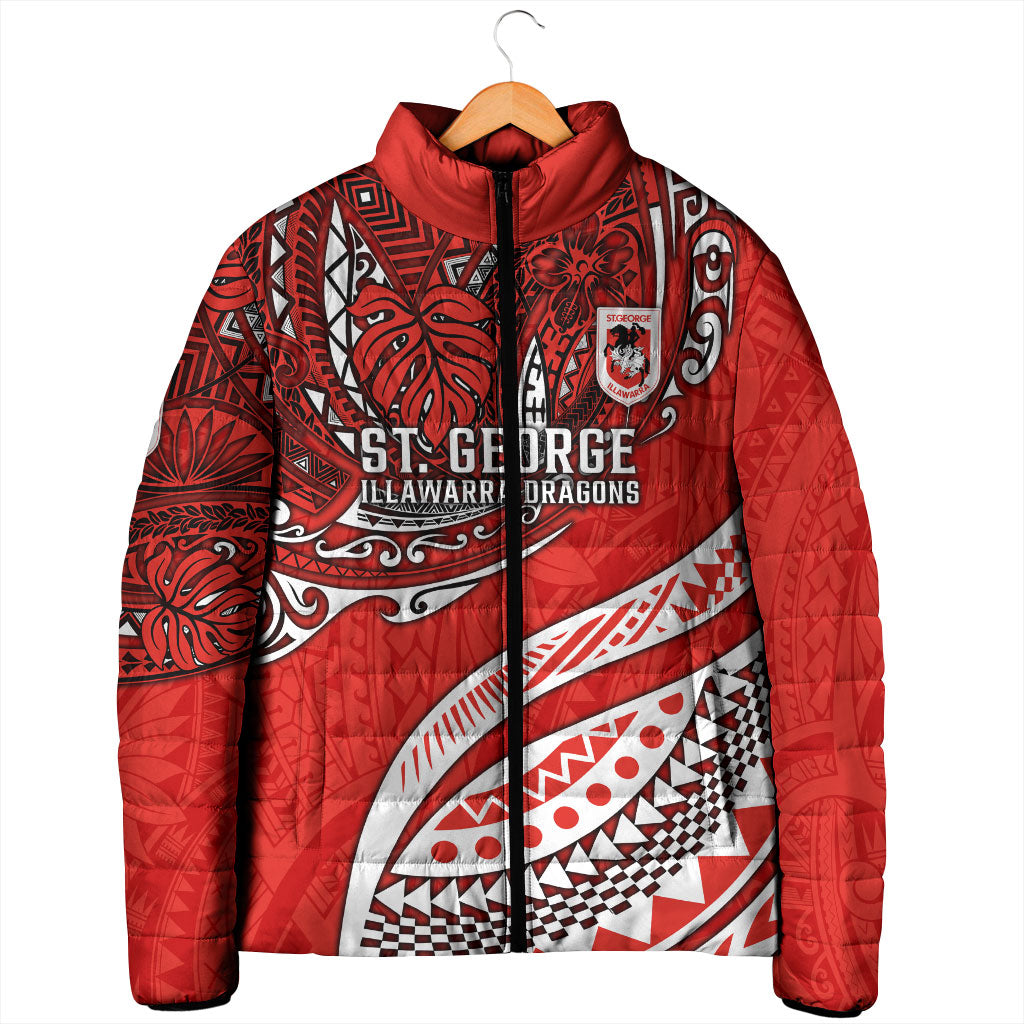 Personalised St George Illawarra Dragons Padded Jacket Polynesian Tribal Art Style With Fierce Red Dragon Mascot