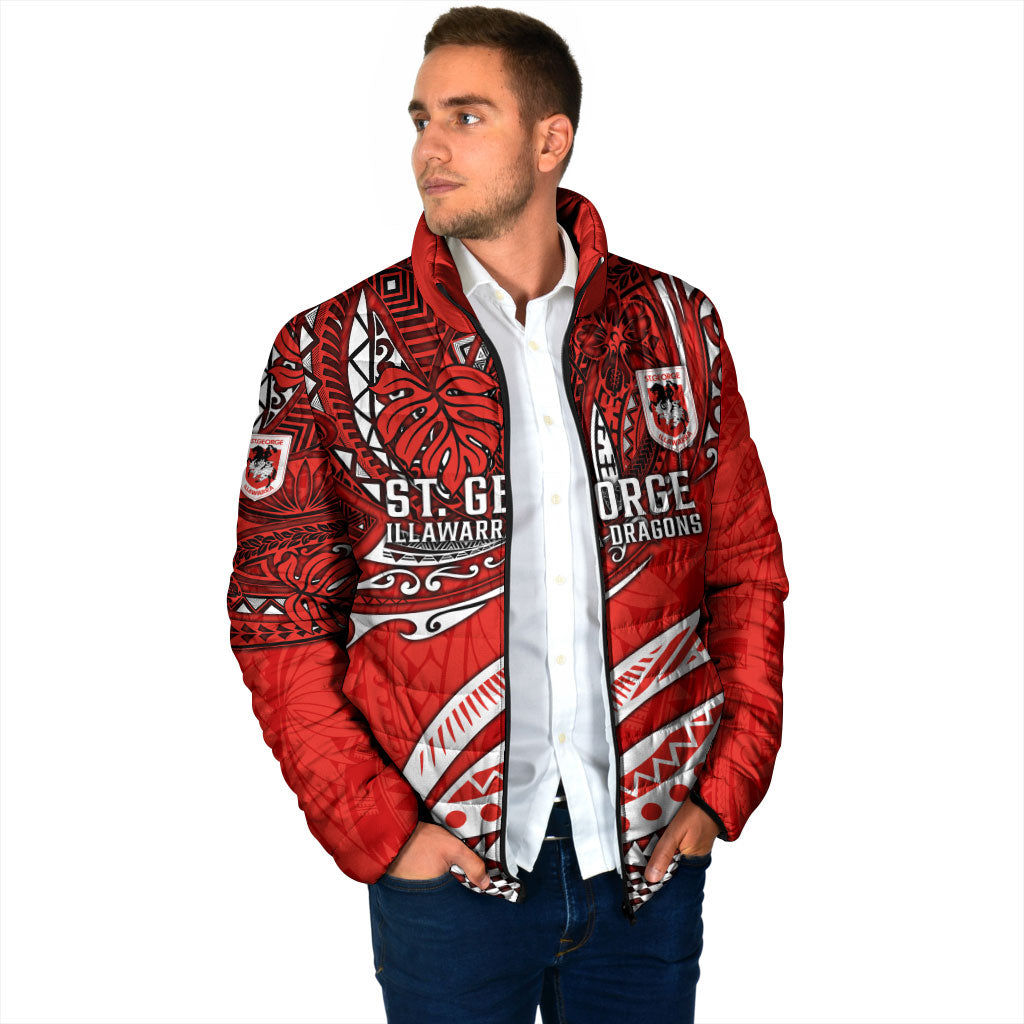 Personalised St George Illawarra Dragons Padded Jacket Polynesian Tribal Art Style With Fierce Red Dragon Mascot