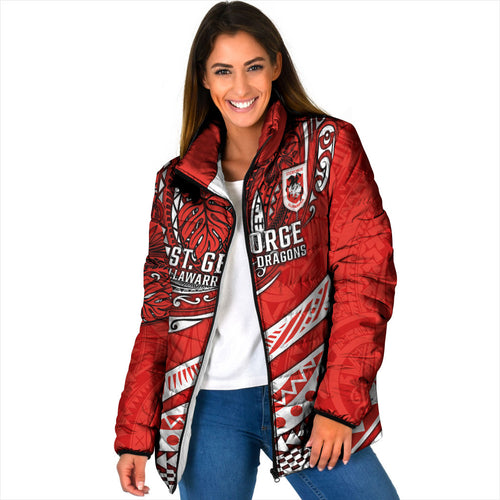 Personalised St George Illawarra Dragons Padded Jacket Polynesian Tribal Art Style With Fierce Red Dragon Mascot