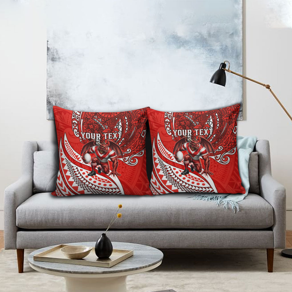 Personalised St George Illawarra Dragons Pillow Cover Polynesian Tribal Art Style With Fierce Red Dragon Mascot