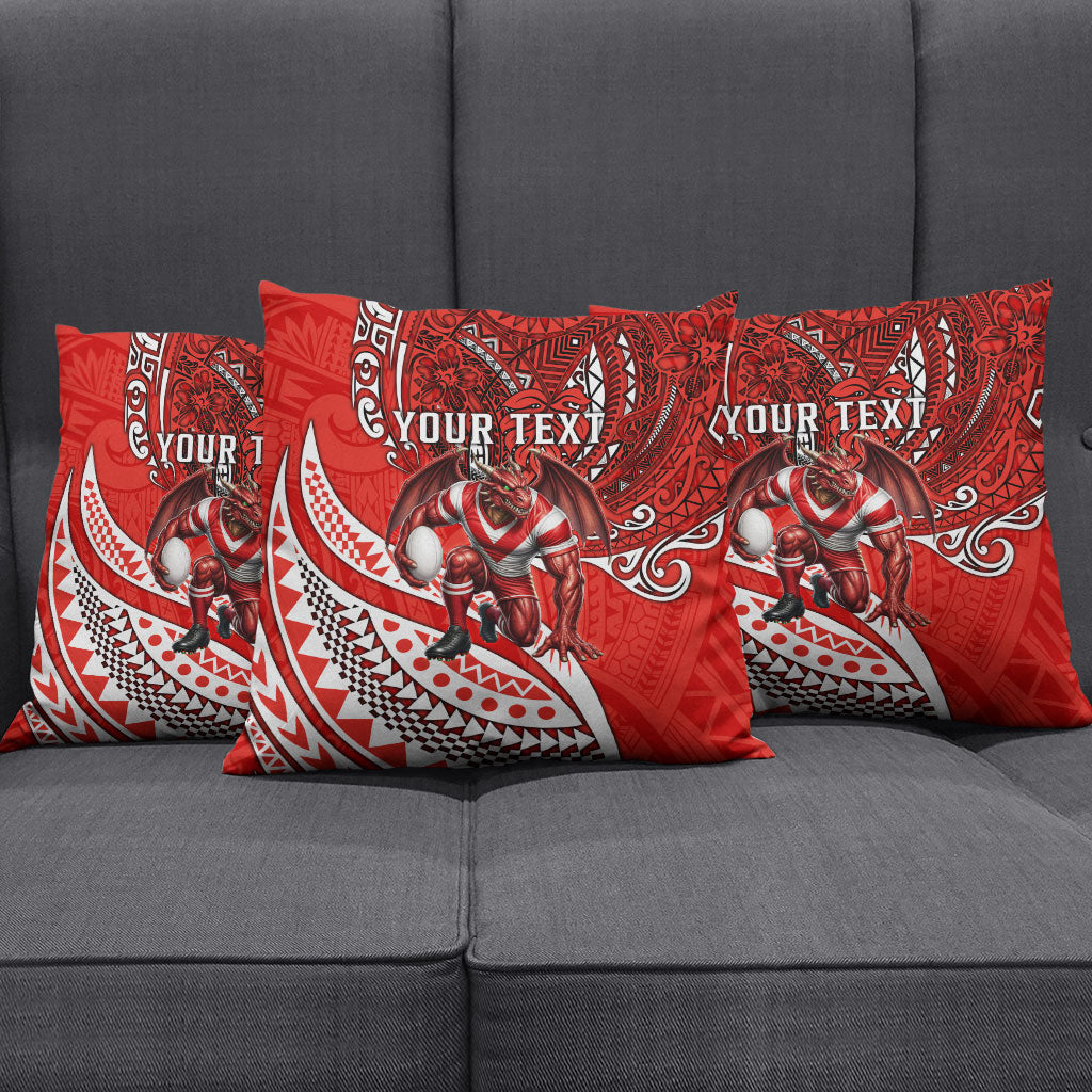 Personalised St George Illawarra Dragons Pillow Cover Polynesian Tribal Art Style With Fierce Red Dragon Mascot