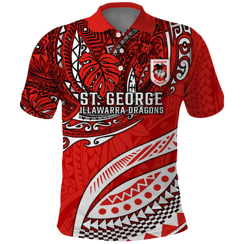 Personalised St George Illawarra Dragons Polo Shirt Polynesian Tribal Art Style With Fierce Red Dragon Mascot