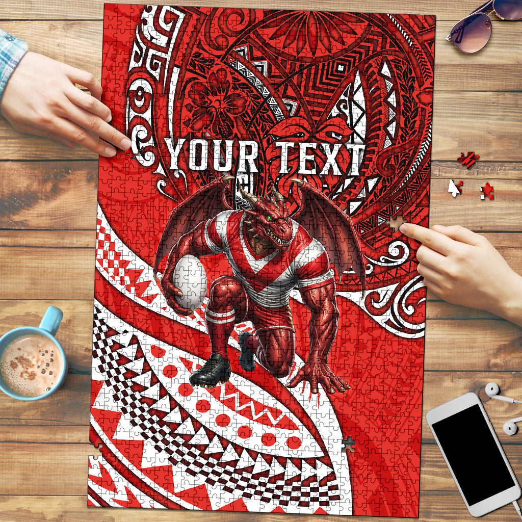 Personalised St George Illawarra Dragons Puzzle Polynesian Tribal Art Style With Fierce Red Dragon Mascot