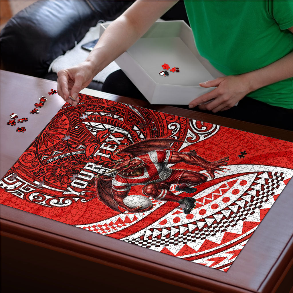 Personalised St George Illawarra Dragons Puzzle Polynesian Tribal Art Style With Fierce Red Dragon Mascot