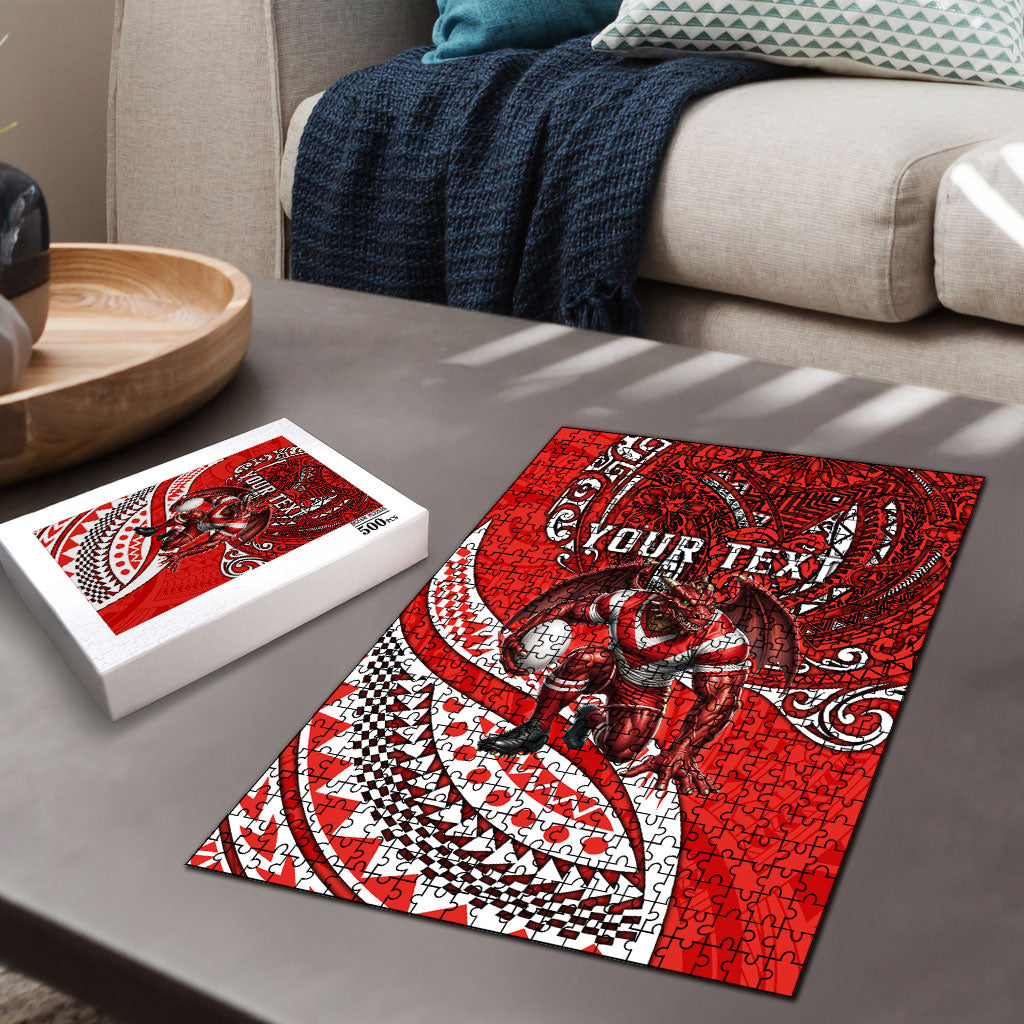 Personalised St George Illawarra Dragons Puzzle Polynesian Tribal Art Style With Fierce Red Dragon Mascot