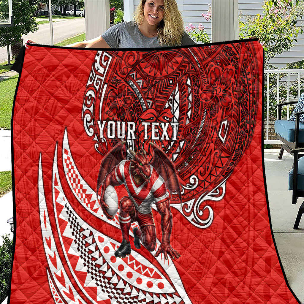 Personalised St George Illawarra Dragons Quilt Polynesian Tribal Art Style With Fierce Red Dragon Mascot