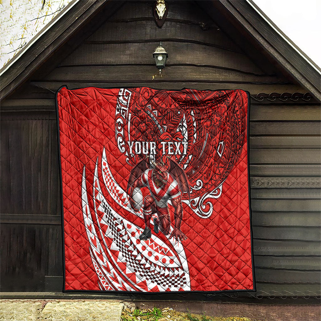 Personalised St George Illawarra Dragons Quilt Polynesian Tribal Art Style With Fierce Red Dragon Mascot