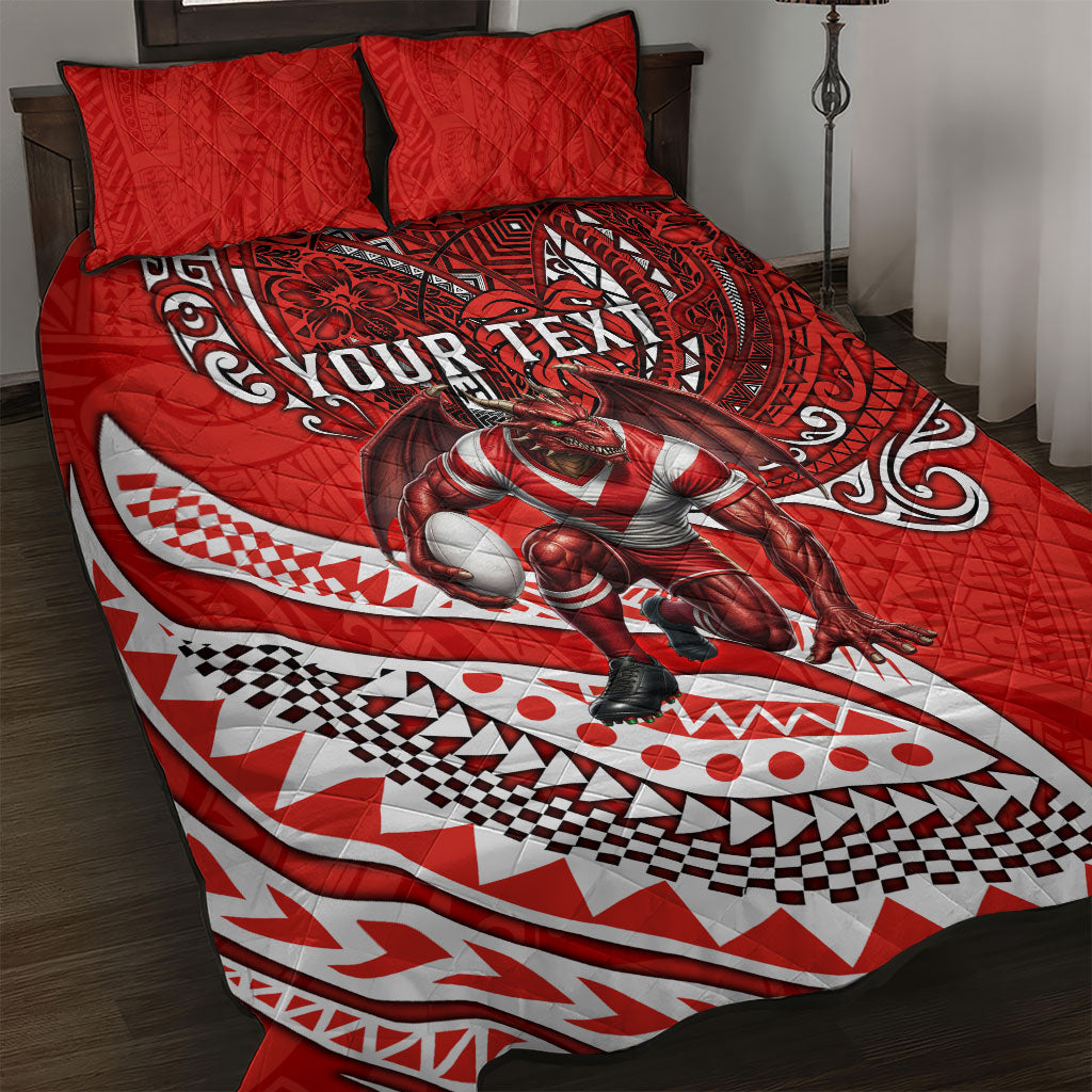 Personalised St George Illawarra Dragons Quilt Bed Set Polynesian Tribal Art Style With Fierce Red Dragon Mascot