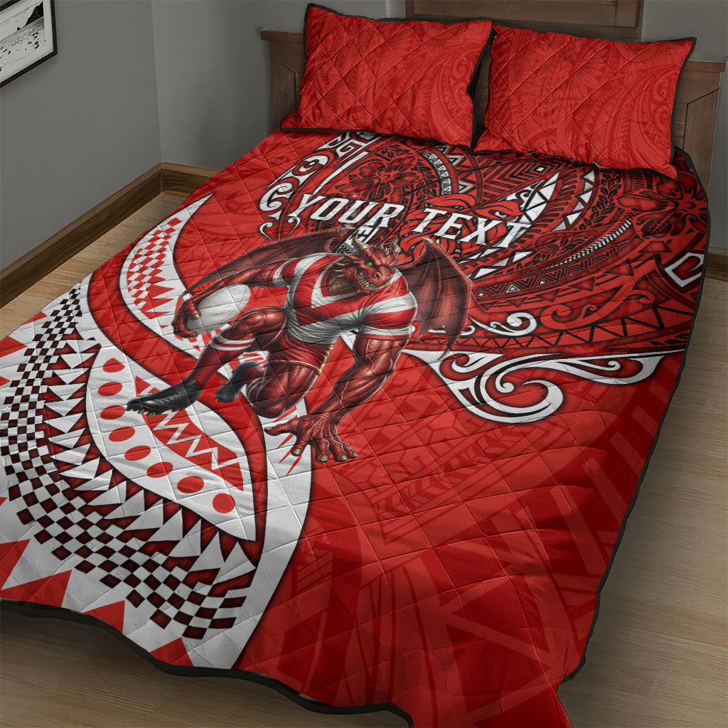 Personalised St George Illawarra Dragons Quilt Bed Set Polynesian Tribal Art Style With Fierce Red Dragon Mascot