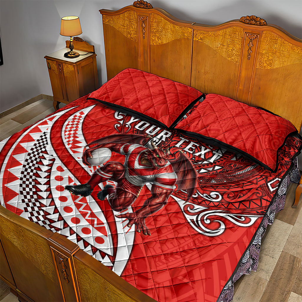 Personalised St George Illawarra Dragons Quilt Bed Set Polynesian Tribal Art Style With Fierce Red Dragon Mascot