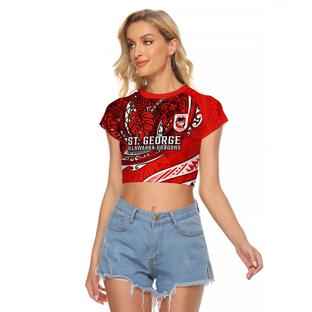 Personalised St George Illawarra Dragons Raglan Cropped T Shirt Polynesian Tribal Art Style With Fierce Red Dragon Mascot