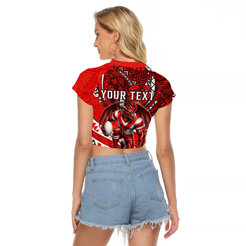 Personalised St George Illawarra Dragons Raglan Cropped T Shirt Polynesian Tribal Art Style With Fierce Red Dragon Mascot