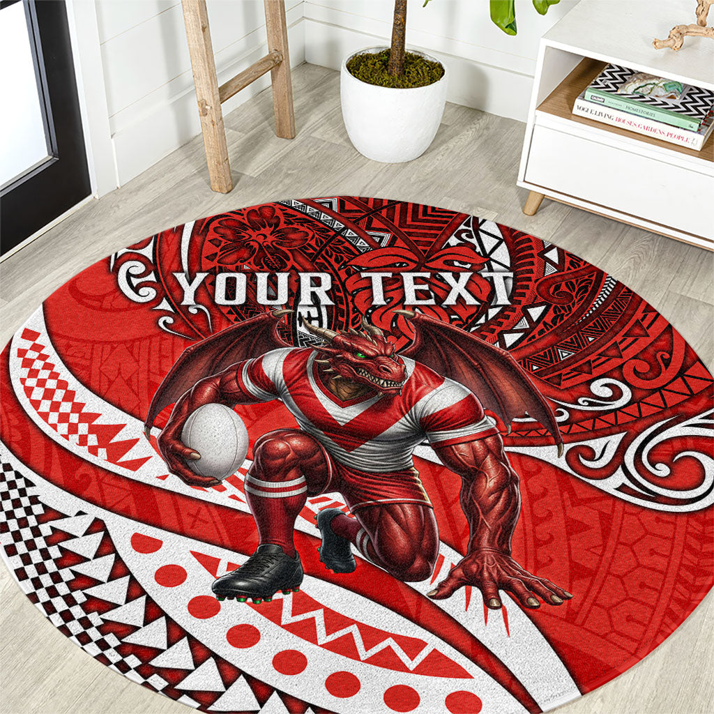 Personalised St George Illawarra Dragons Round Carpet Polynesian Tribal Art Style With Fierce Red Dragon Mascot