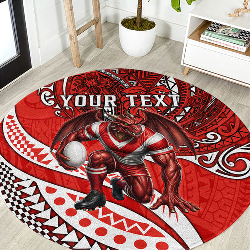 Personalised St George Illawarra Dragons Round Carpet Polynesian Tribal Art Style With Fierce Red Dragon Mascot