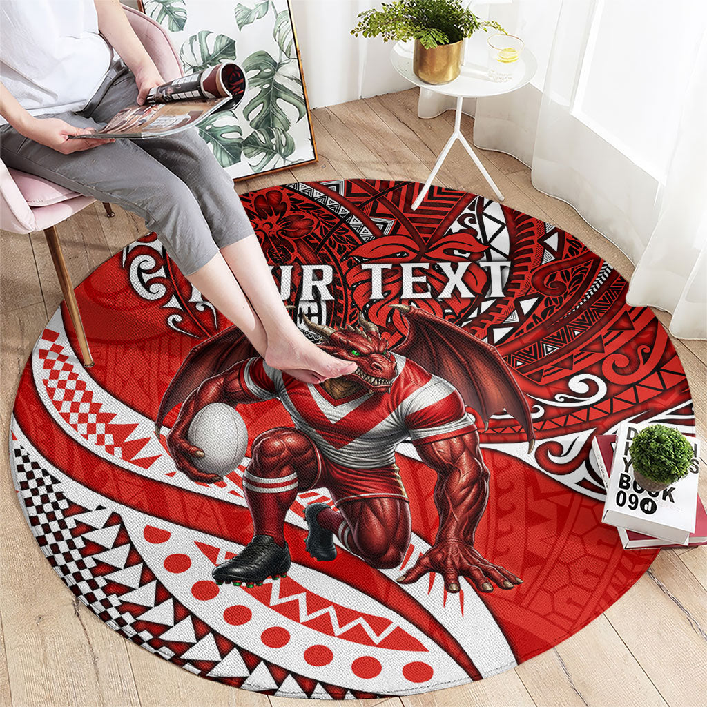 Personalised St George Illawarra Dragons Round Carpet Polynesian Tribal Art Style With Fierce Red Dragon Mascot