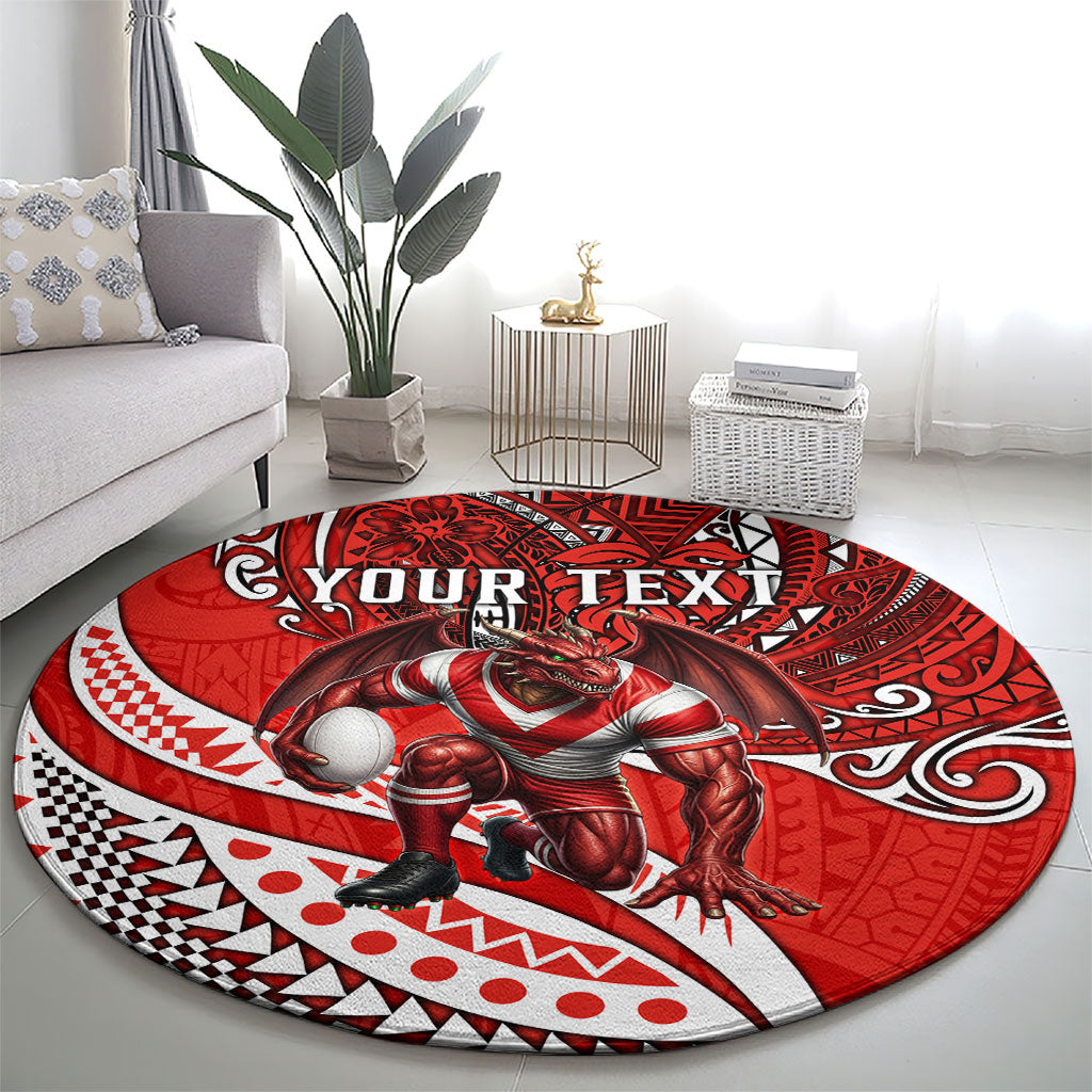 Personalised St George Illawarra Dragons Round Carpet Polynesian Tribal Art Style With Fierce Red Dragon Mascot