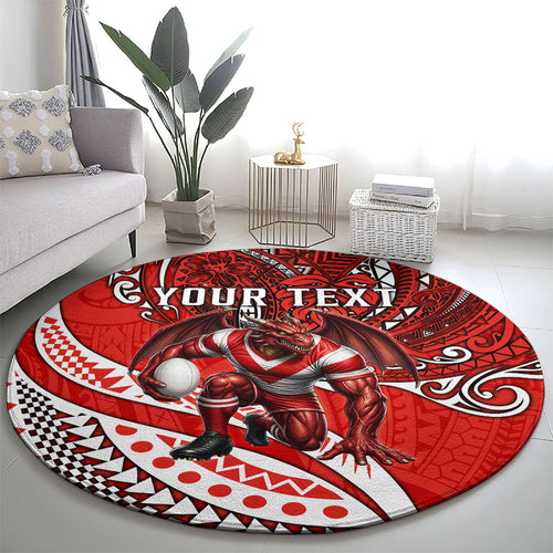 Personalised St George Illawarra Dragons Round Carpet Polynesian Tribal Art Style With Fierce Red Dragon Mascot