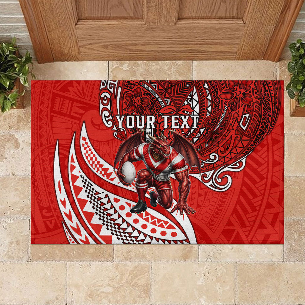 Personalised St George Illawarra Dragons Rubber Doormat Polynesian Tribal Art Style With Fierce Red Dragon Mascot