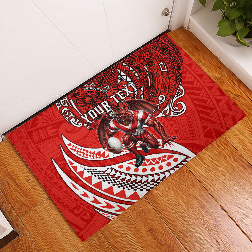 Personalised St George Illawarra Dragons Rubber Doormat Polynesian Tribal Art Style With Fierce Red Dragon Mascot