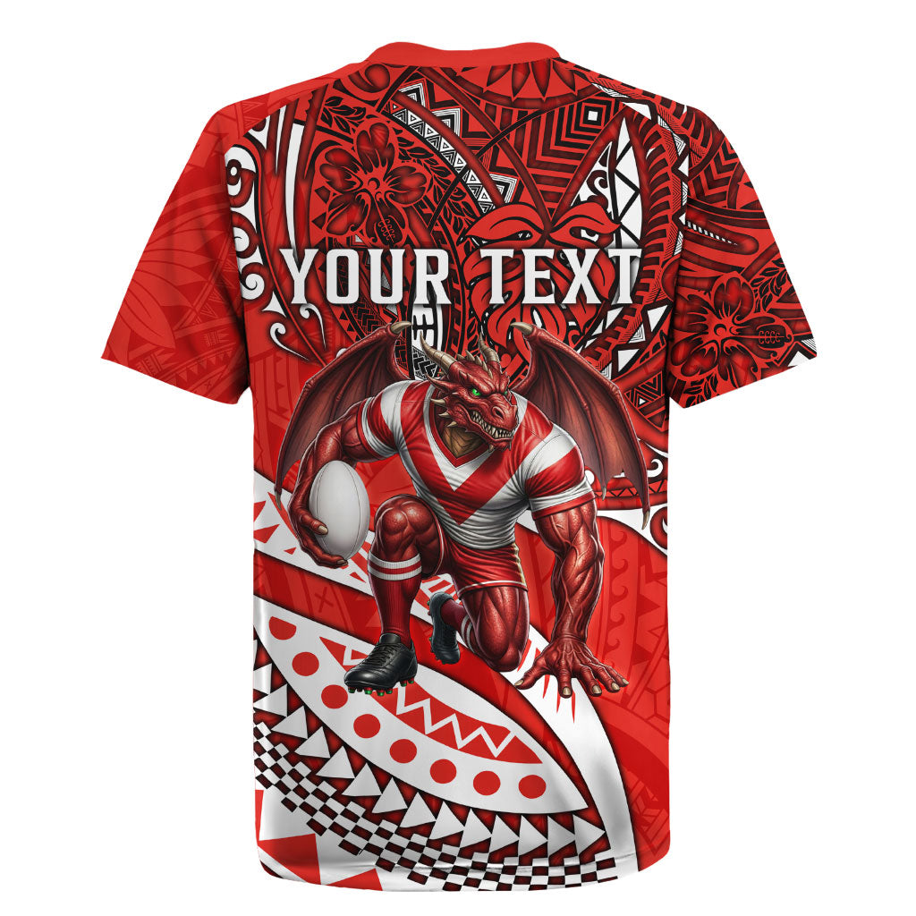 Personalised St George Illawarra Dragons Rugby Jersey Polynesian Tribal Art Style With Fierce Red Dragon Mascot