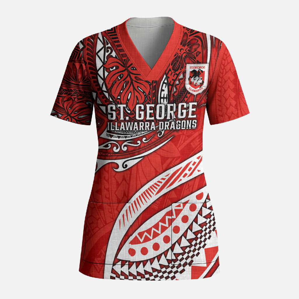 Personalised St George Illawarra Dragons Scrub Top Polynesian Tribal Art Style With Fierce Red Dragon Mascot