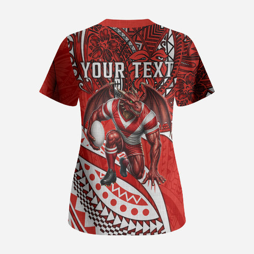 Personalised St George Illawarra Dragons Scrub Top Polynesian Tribal Art Style With Fierce Red Dragon Mascot