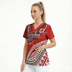 Personalised St George Illawarra Dragons Scrub Top Polynesian Tribal Art Style With Fierce Red Dragon Mascot