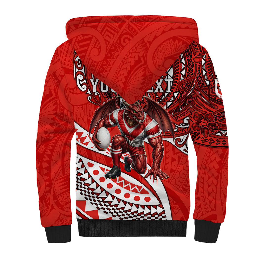 Personalised St George Illawarra Dragons Sherpa Hoodie Polynesian Tribal Art Style With Fierce Red Dragon Mascot