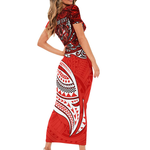 Personalised St George Illawarra Dragons Short Sleeve Bodycon Dress Polynesian Tribal Art Style With Fierce Red Dragon Mascot