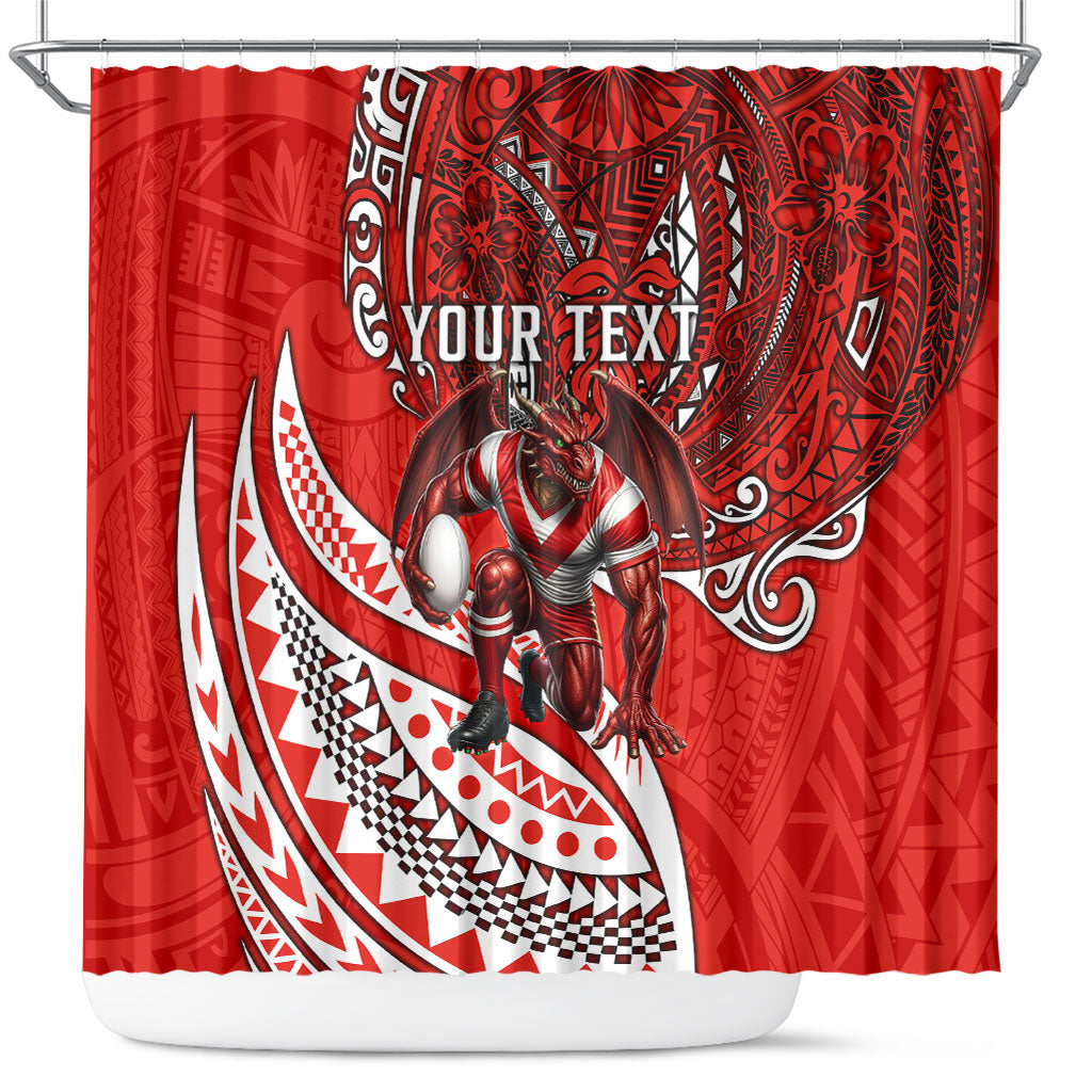 Personalised St George Illawarra Dragons Shower Curtain Polynesian Tribal Art Style With Fierce Red Dragon Mascot