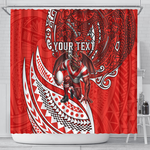 Personalised St George Illawarra Dragons Shower Curtain Polynesian Tribal Art Style With Fierce Red Dragon Mascot